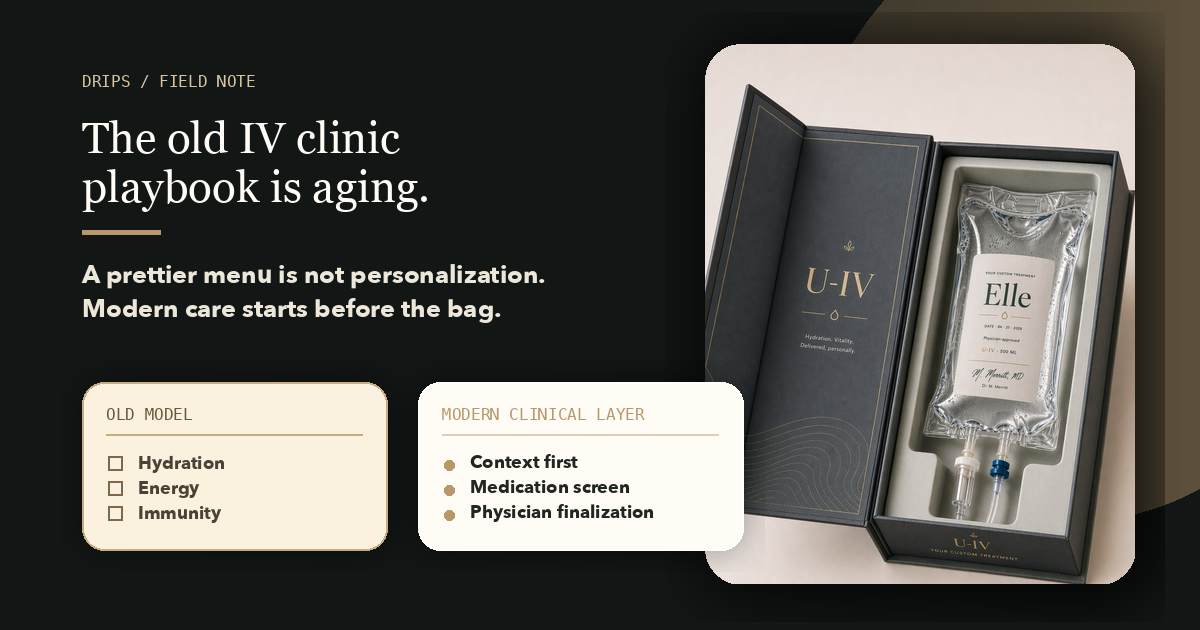 Brand illustration contrasting an old IV drip menu with a modern clinical checklist
