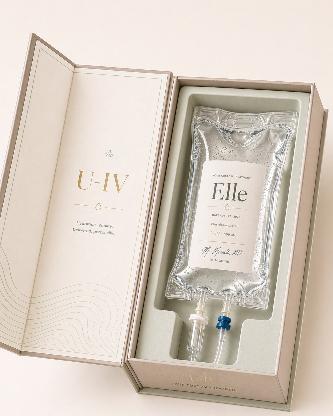 Personalized IV kit in signature sage-and-gold presentation box